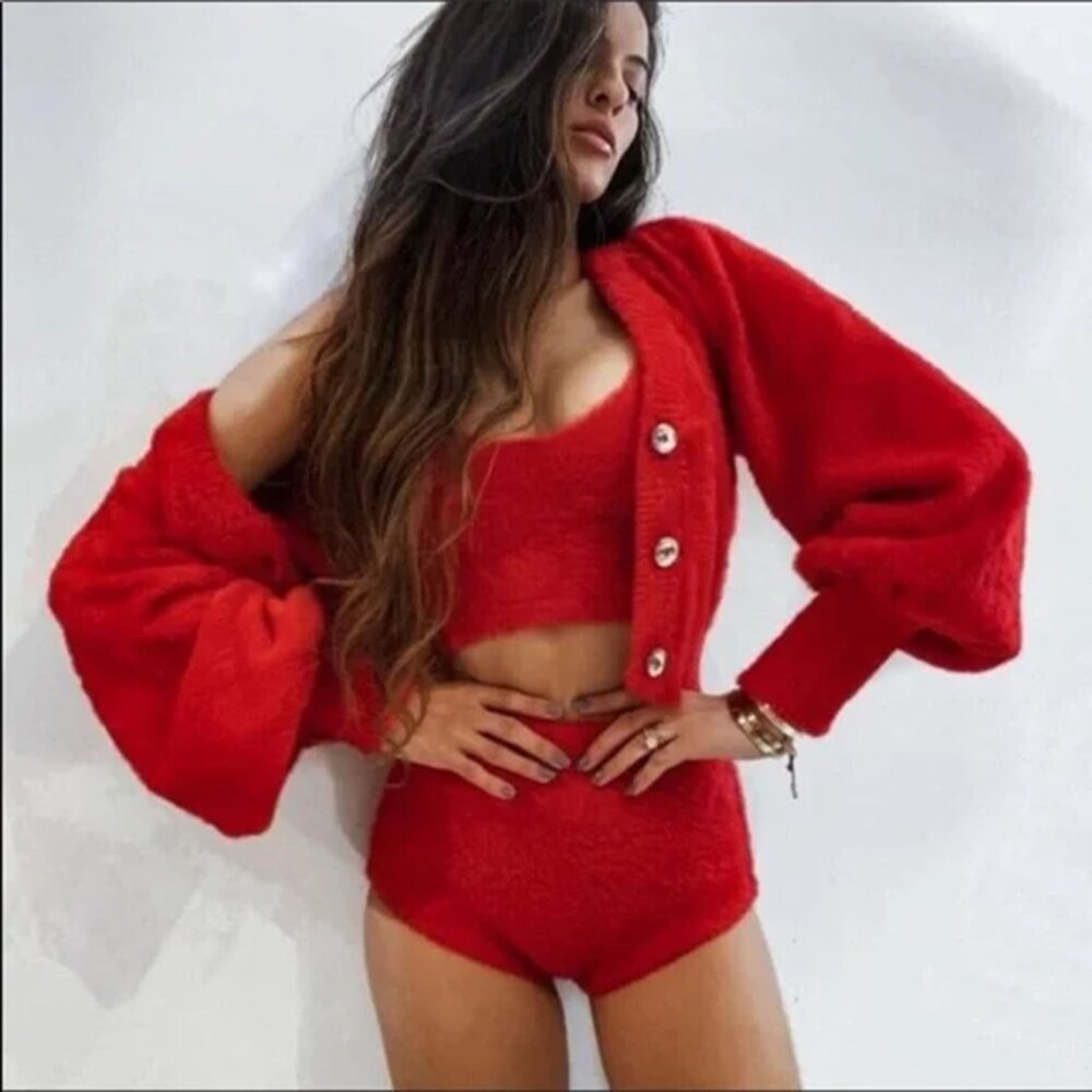 For Love & Lemons Fiona 3-pc Red Fuzzy Cardigan + Tank Cami + Shorts Set